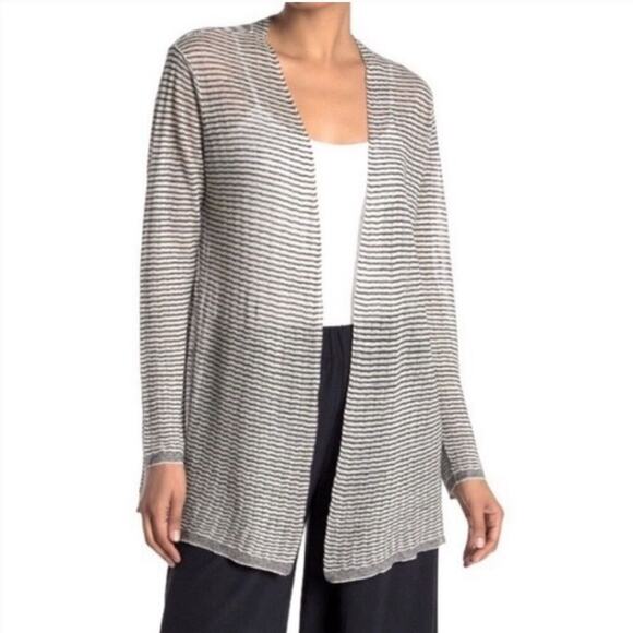 Eileen Fisher Linen Blend Ecru & Black Striped Open Front Petite Cardigan - Picture 1 of 5